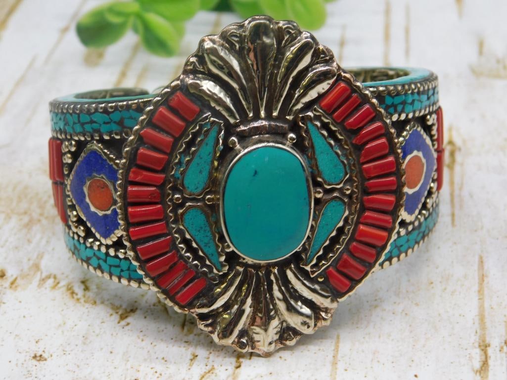 TURQUOISE RED CORAL AND LAPIS LAZULI METAL CUFF BRACELET (1 of 4)