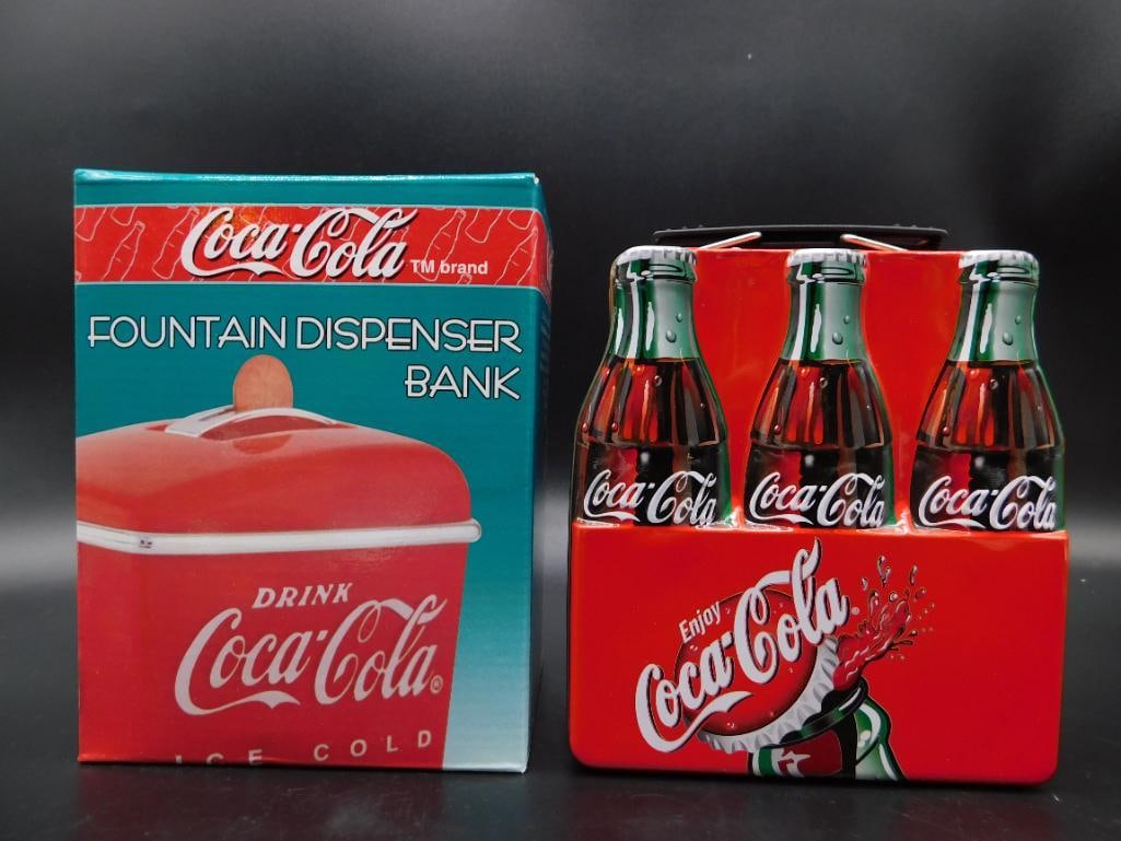 COCA-COLA FOUNTAIN DISPENSER BANK AND METAL LUNCH BOX: COCA-COLA FOUNTAIN DISPENSER BANK AND METAL LUNCH BOX