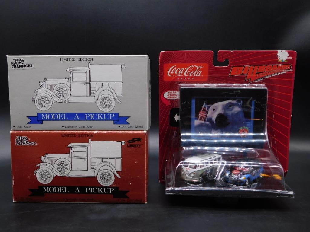 COA-COLA MODEL A PICKUP LOCKABLE COIN BANKS AND DIE CAST BILLBOARDS: COA-COLA MODEL A PICKUP LOCKABLE COIN BANKS AND DIE CAST BILLBOARDS