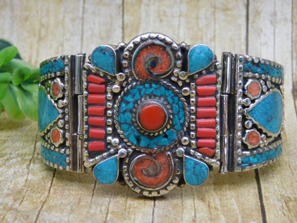 TURQUOISE AND RED CORAL CUFF BRACELET ROCK STONE LAPIDARY SPECIMEN (1 of 3)