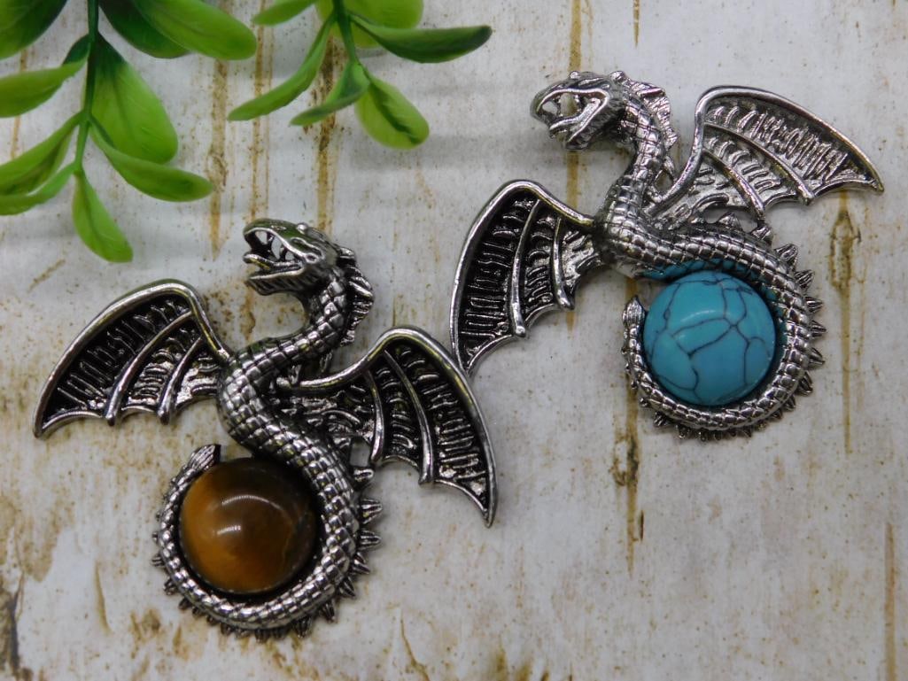 TURQUOISE AND TIGER EYE DRAGON PENDANTS: TURQUOISE AND TIGER EYE DRAGON PENDANTS