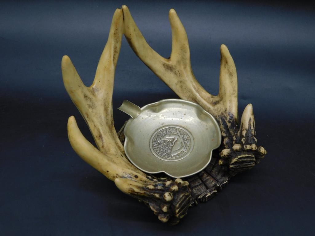 ANTLER AND COIN ASH TRAY VINTAGE ANTIQUE: ANTLER AND COIN ASH TRAY VINTAGE ANTIQUE