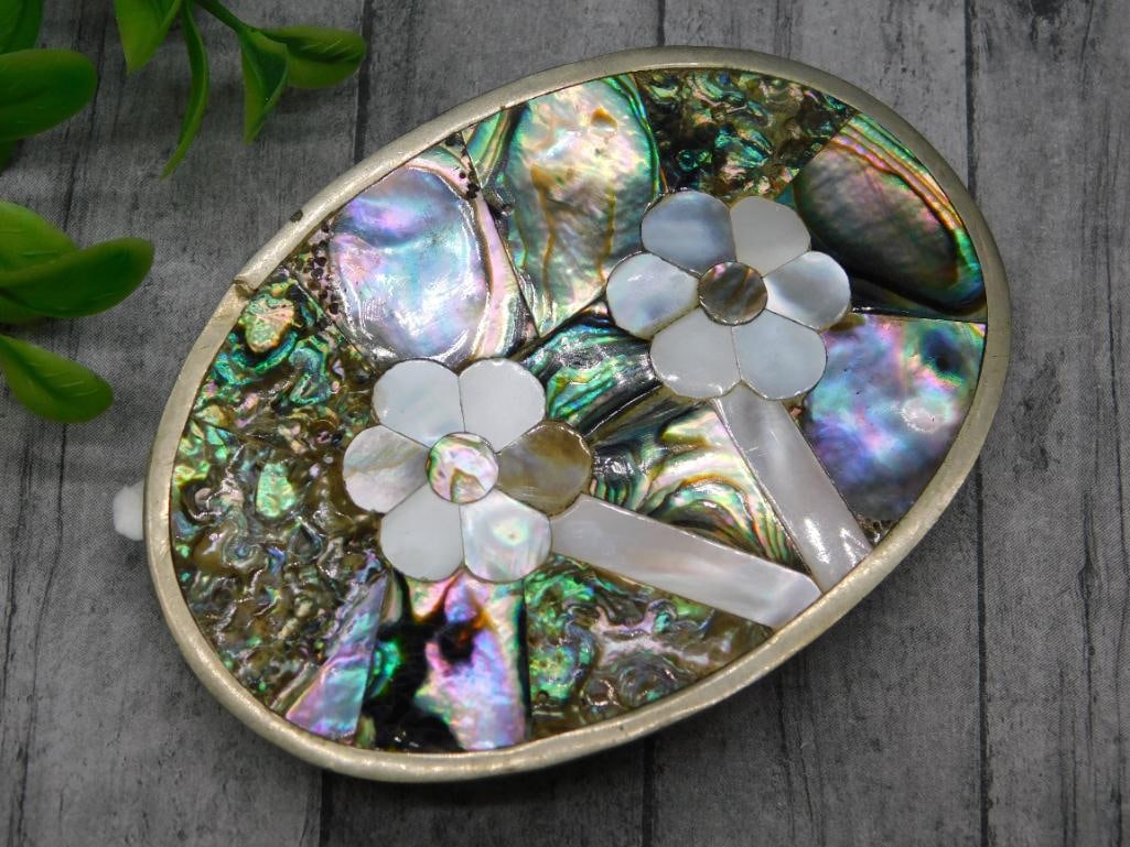 ABALONE BELT BUCKLE ALPACA VINTAGE ANTIQUE: ABALONE BELT BUCKLE ALPACA VINTAGE ANTIQUE