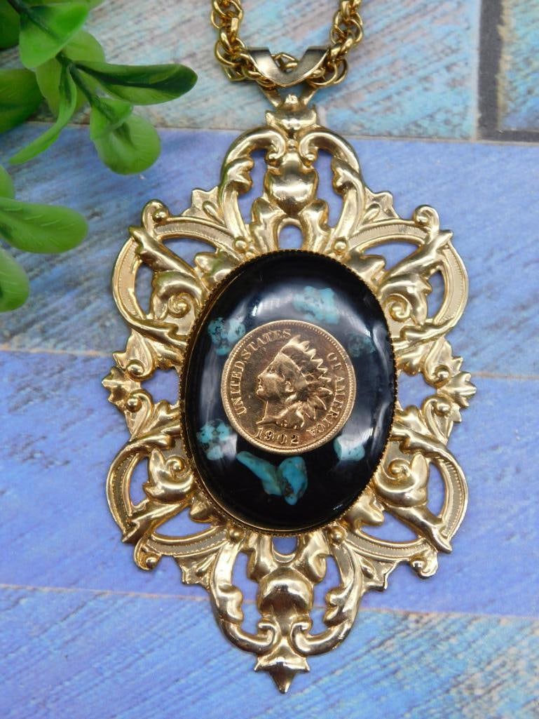 1902 INDIAN HEAD PENNY AND TURQUOISE PENDANT ON CHAIN NECKLACE (1 of 2)