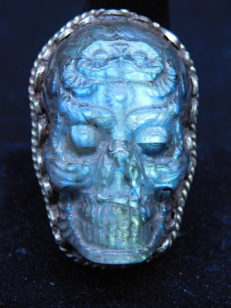 CARVED SKULL LABRADORITE ADJUSTABLE RING VINTAGE ANTIQUE (1 of 2)