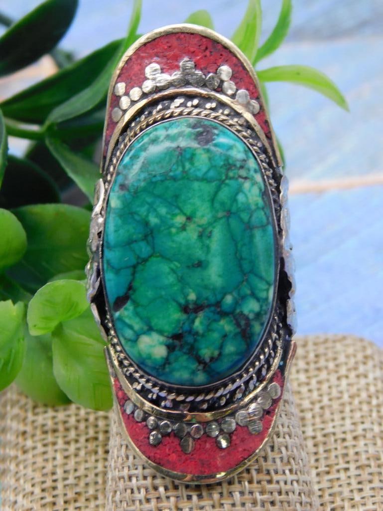 TURQUOISE AND RED CORAL RING SIZE 9 ROCK STONE LAPIDARY SPECIMEN (1 of 2)