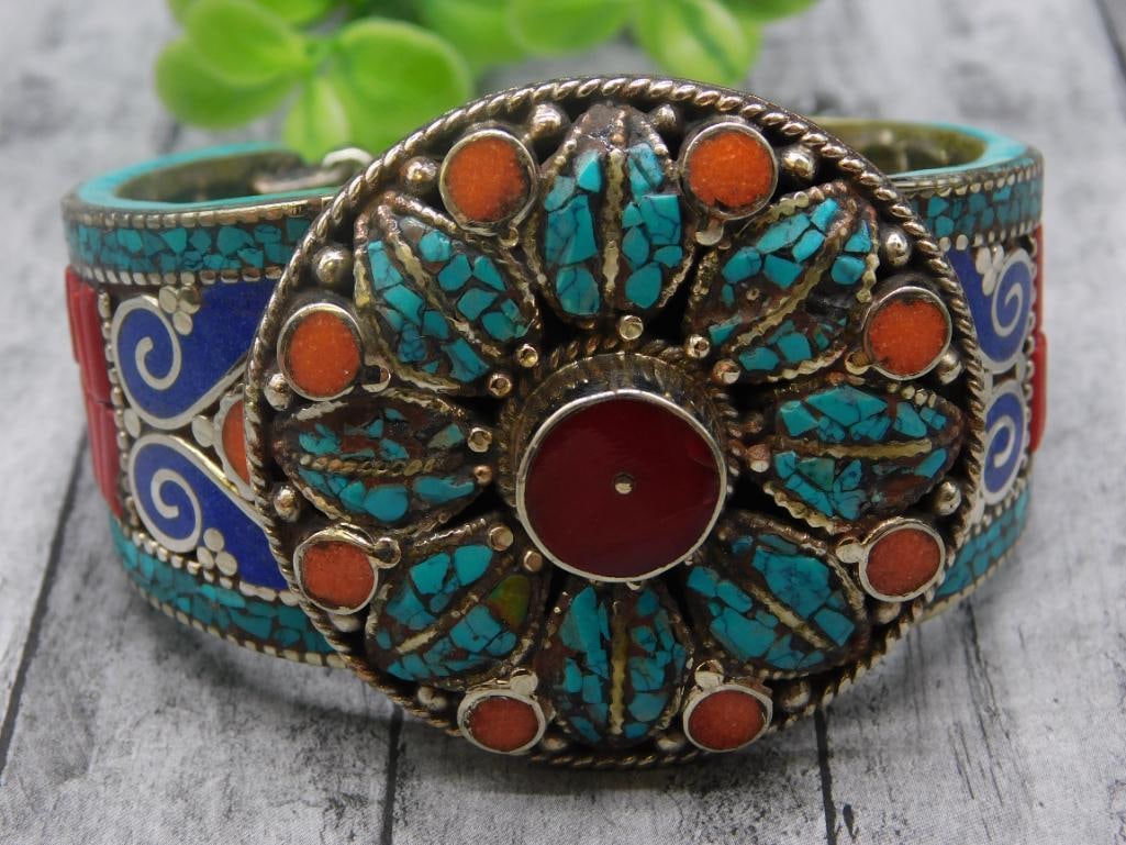 TURQUOISE RED CORAL CARNELIAN AND LAPIS METAL CUFF BRACELET (1 of 3)