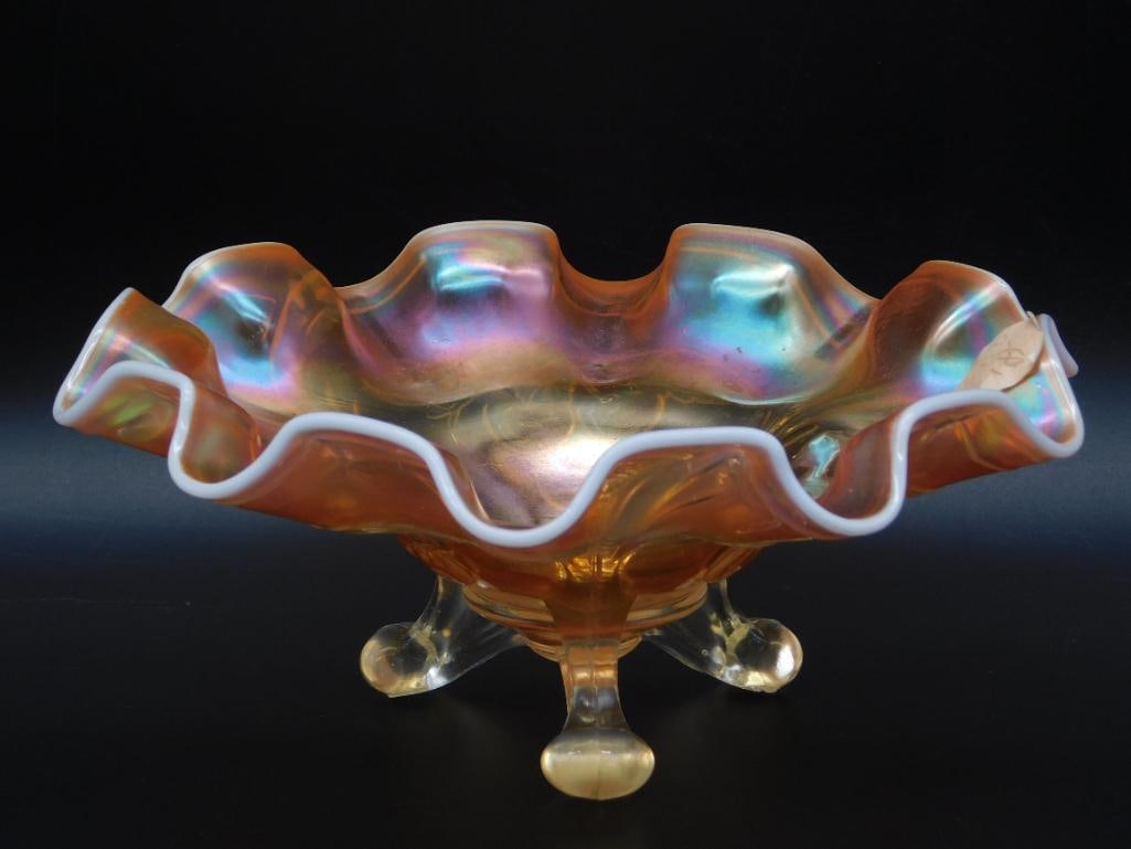 PEACH OPALESCENT CARNIVAL GLASS RUFFLED FOOTED BOWL VINTAGE ANTIQUE: PEACH OPALESCENT CARNIVAL GLASS RUFFLED FOOTED BOWL VINTAGE ANTIQUE