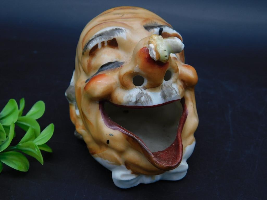 MAN WITH BEE MAJOLICA ASHTRAY SMOKING HEAD VINTAGE ANTIQUE (1 of 4)