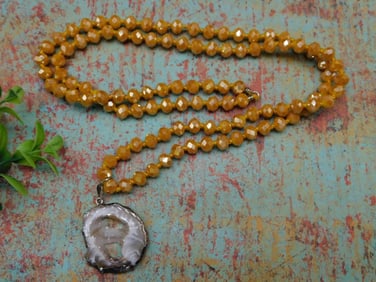 GEODE SLICE PENDANT ON SPARKLE BEAD NECKLACE ROCK STONE LAPIDARY SPECIMEN