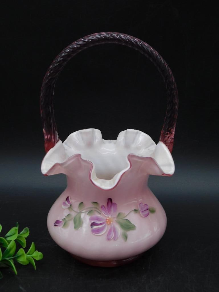 FENTON HANDPAINTED GLASS BASKET SIGNED BY SMITH VINTAGE ANTIQUE (1 of 5)