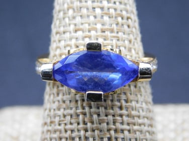 PREMIUM TANZANITE AND DIAMOND GOLD WASH OVER WHITE GOLD RING SIZE 6.5 VINTAGE ANTIQUE