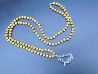 GEODE SLICE PENDANT ON SPARKLE BEAD NECKLACE VINTAGE ANTIQUE