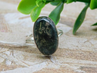 STERLING SILVER MOSS PLUME RING SIZE 8.5 ROCK STONE LAPIDARY SPECIMEN