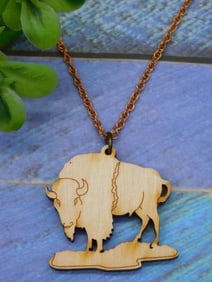 WOODEN BISON PENDANT ON CHAIN NECKLACE