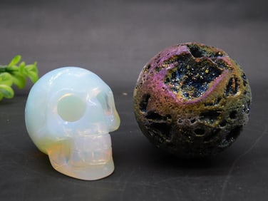 OPALITE SKULL AND DRUZY TITANIUM SPHERE ROCK STONE LAPIDARY SPECIMEN