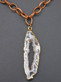 GEODE SLICE PENDANT ON CHAIN NECKLACE ROCK STONE LAPIDARY SPECIMEN