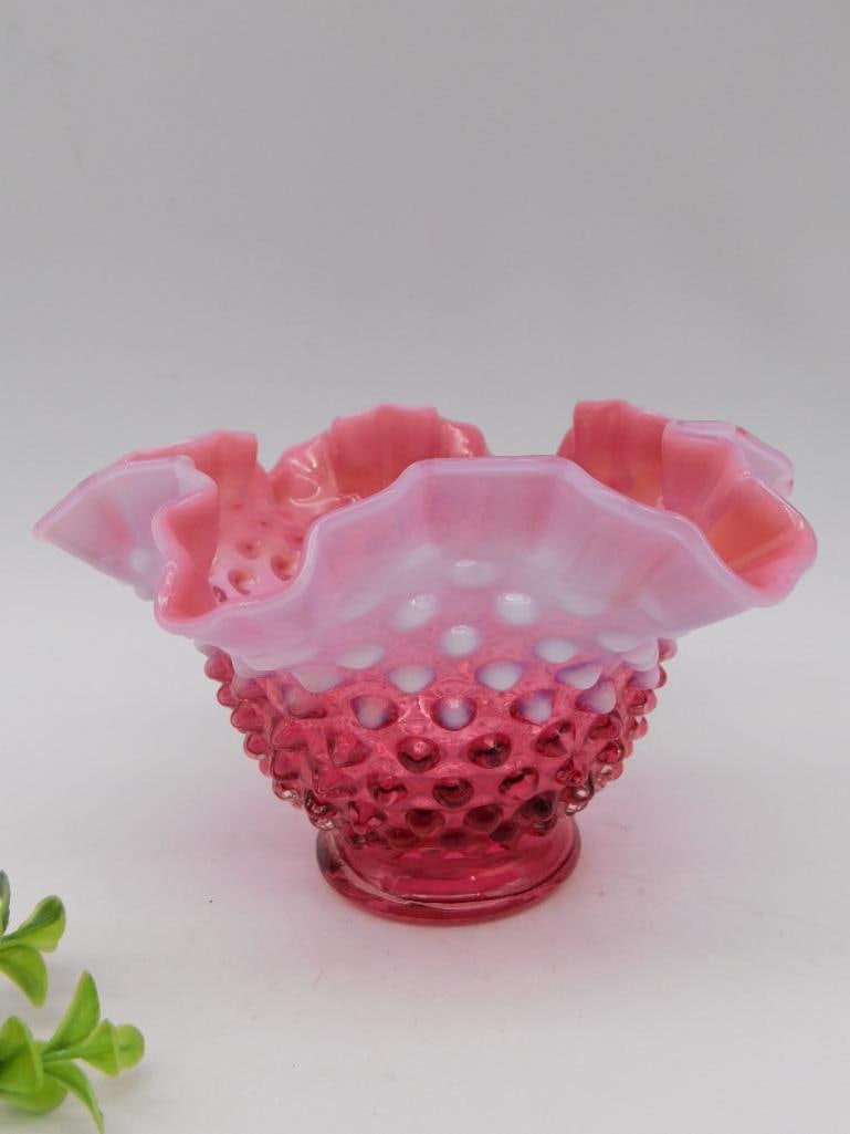 FENTON HOBNAIL CRANBERRY RUFFLED EDGE BOWL VINTAGE ANTIQUE (1 of 4)