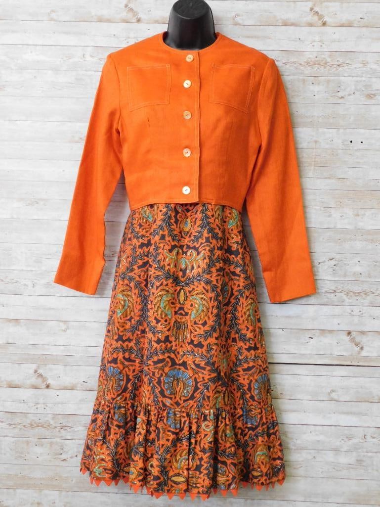 LO GOEBEL ORANGE PATTERNED DRESS WITH JACKET VINTAGE CLOTHING (1 of 6)