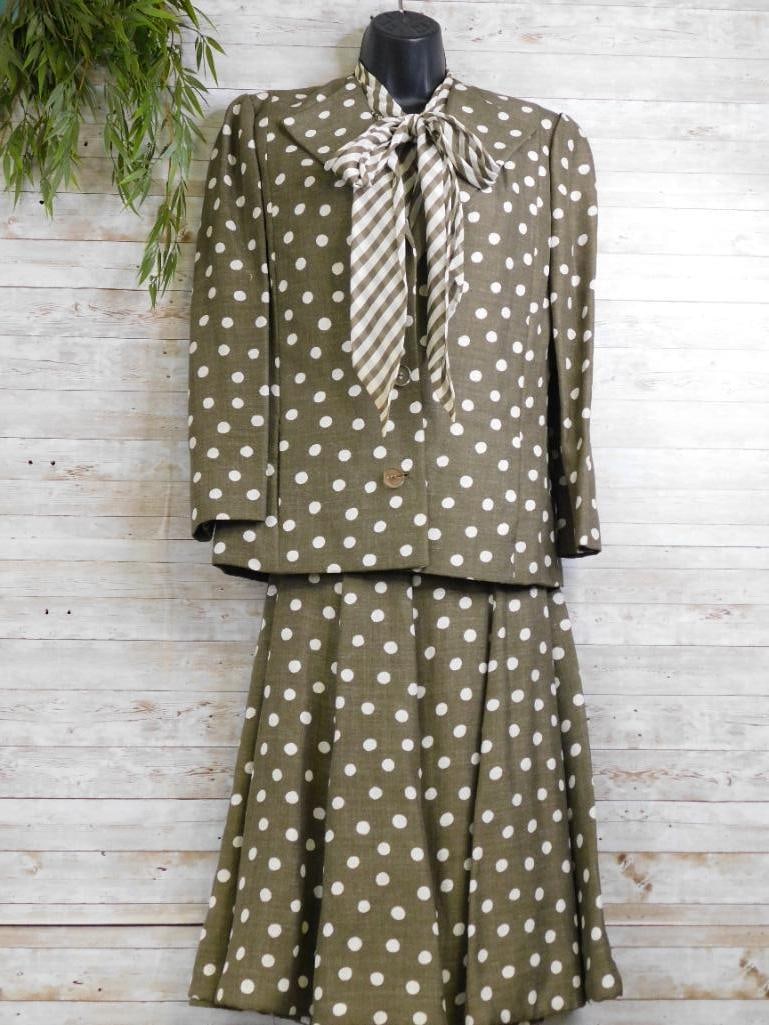 MURRAY ARBEID LONDON THREE PIECE POLKA DOT SKIRT BLOUSE AND JACKET VINTAGE CLOTHING: MURRAY ARBEID LONDON THREE PIECE POLKA DOT SKIRT BLOUSE AND JACKET VINTAGE CLOTHING