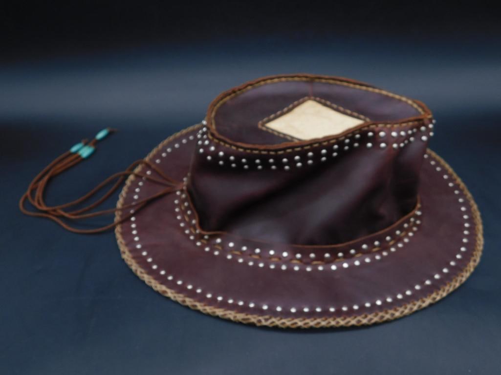 VINTAGE LEATHER AND COWHIDE BROWN STUDDED HAT VINTAGE ANTIQUE (1 of 5)