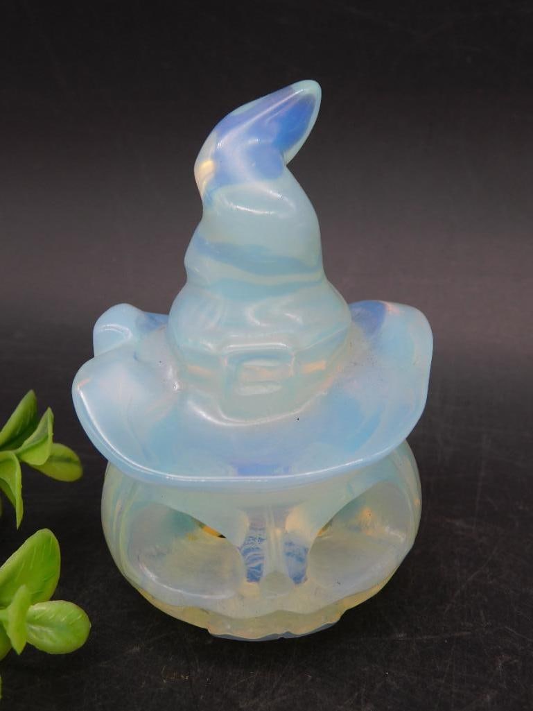 OPALITE JACK O LANTERN WITH WITCH HAT: OPALITE JACK O LANTERN WITH WITCH HAT