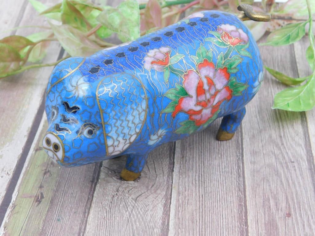 Antique Blue Cloisonn? Pig Figurine: Antique Blue Cloisonn? Pig Figurine