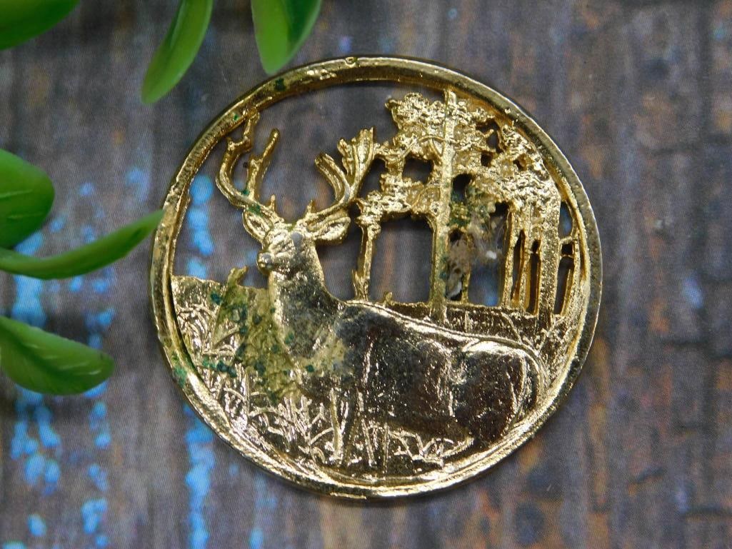 Gold-Tone Round Deer Scene Medallion: Gold-Tone Round Deer Scene Medallion