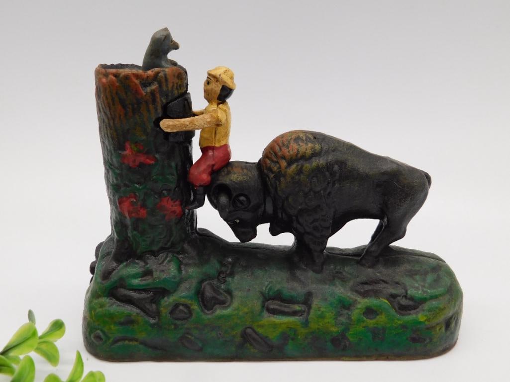 Iron Mechanical Bank with Buffalo and Climber (1 of 6)