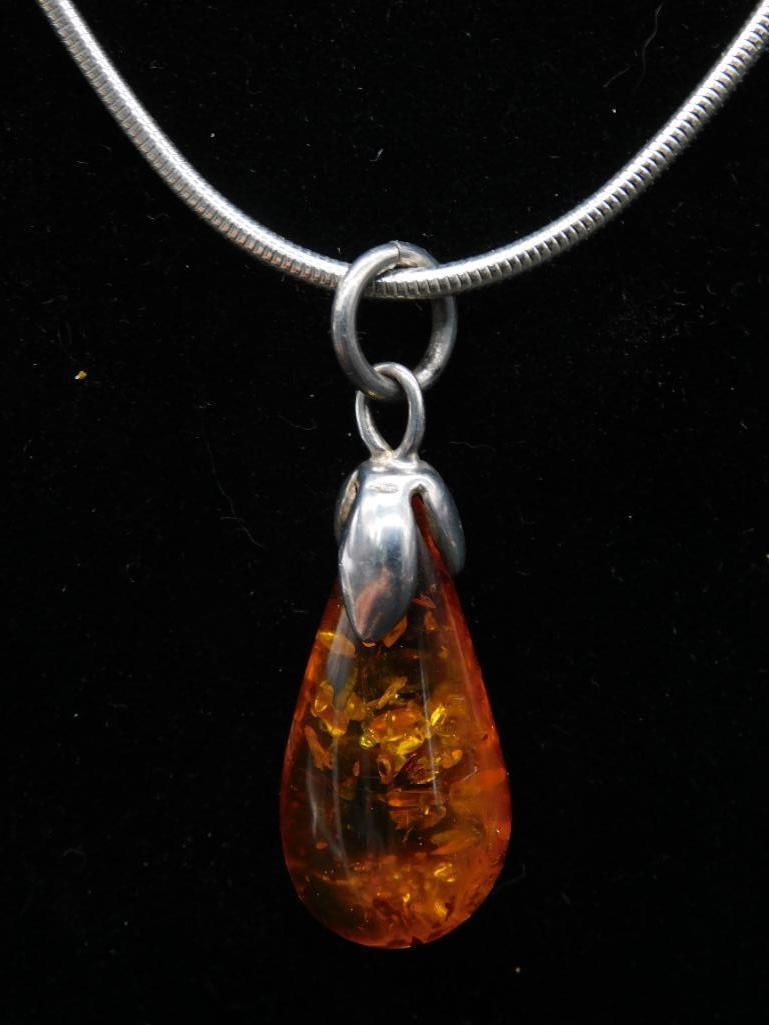 Amber Teardrop Pendant on Sterling Silver Necklace: Amber Teardrop Pendant on Sterling Silver Necklace