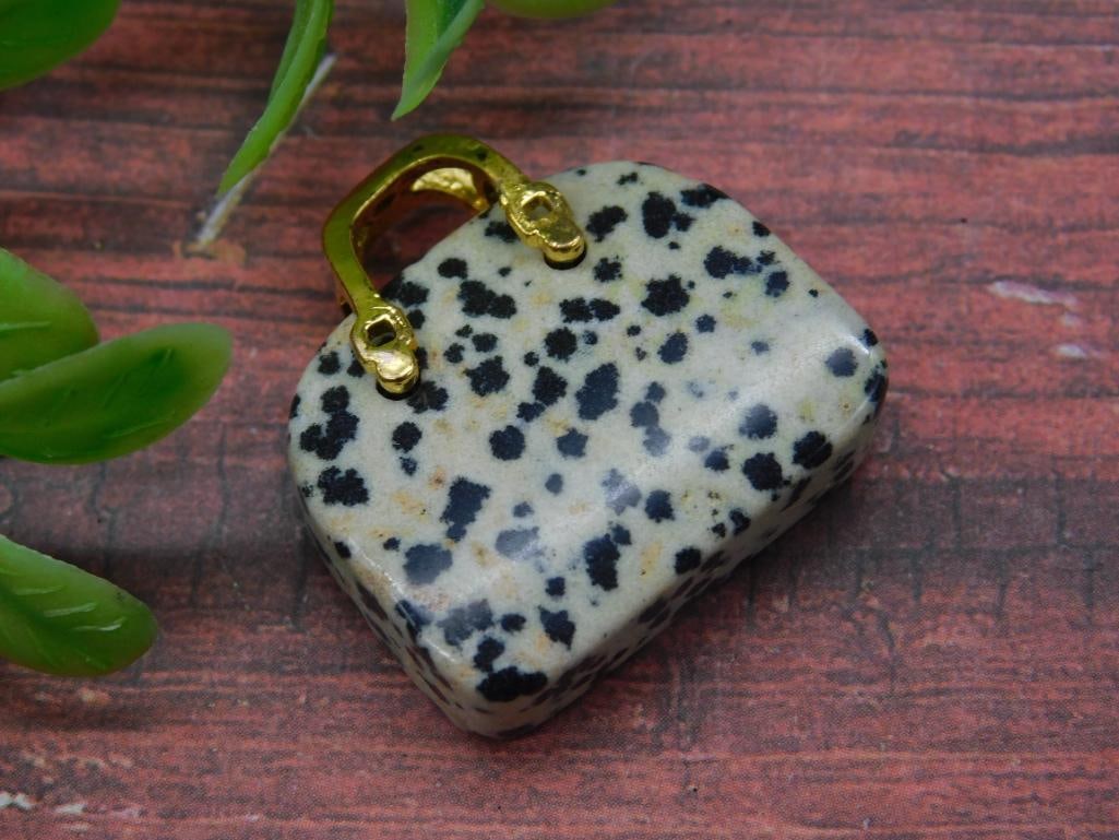 Dalmatian Jasper Handbag-Shaped Pendant with Metal Handle: Dalmatian Jasper Handbag-Shaped Pendant with Metal Handle