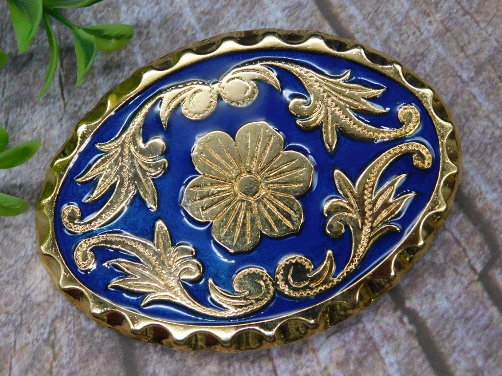 Gold and Blue Enamel Oval Belt Buckle (1 of 3)