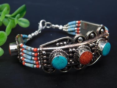 TURQUOISE AND RED CORAL BRACELET ROCK STONE LAPIDARY SPECIMEN
