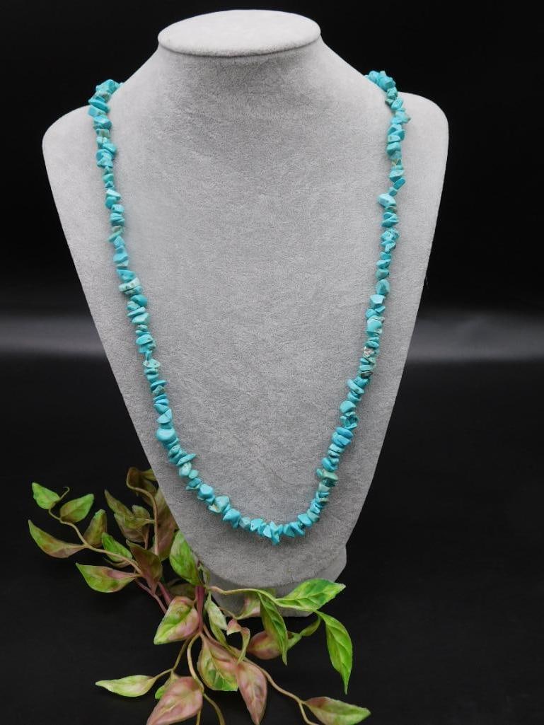Turquoise Chip Bead Necklace on Display Stand: Turquoise Chip Bead Necklace on Display Stand