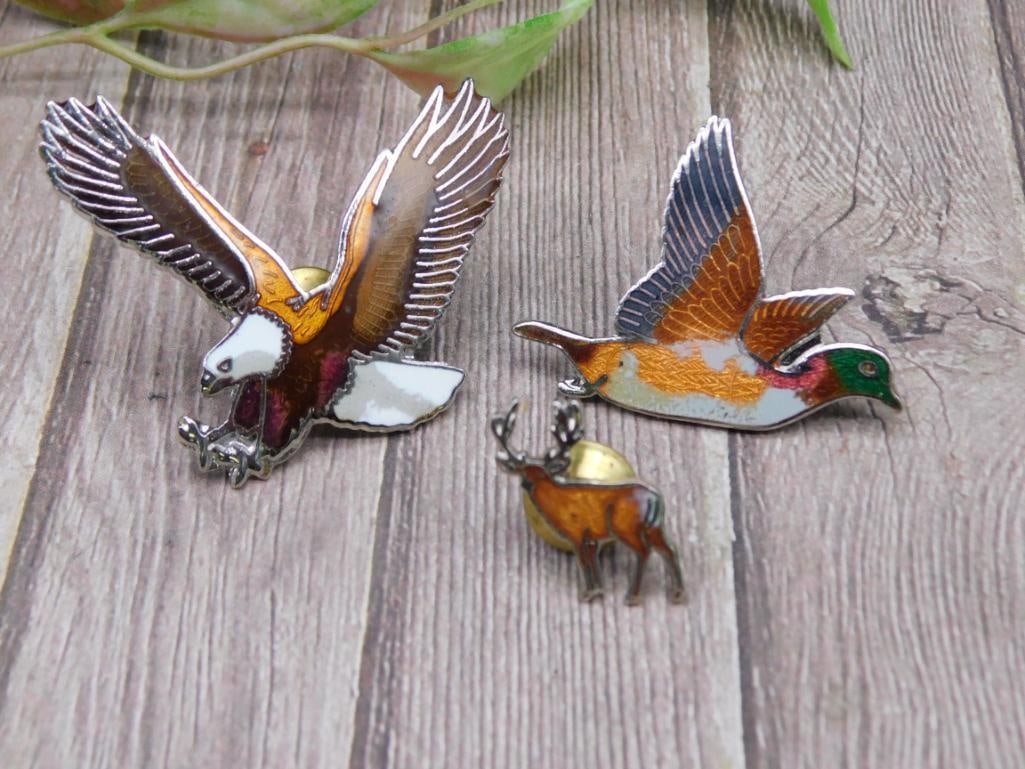 Set of Three Animal-Themed Enamel Lapel Pins with Eagle, Duck, and Deer Designs: Set of Three Animal-Themed Enamel Lapel Pins with Eagle, Duck, and Deer Designs
