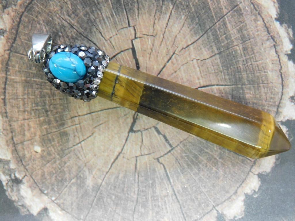 TIGERS EYE AND TURQUOISE STONE STUDDED PENDANT ROCK STONE LAPIDARY SPECIMEN: TIGERS EYE AND TURQUOISE STONE STUDDED PENDANT ROCK STONE LAPIDARY SPECIMEN