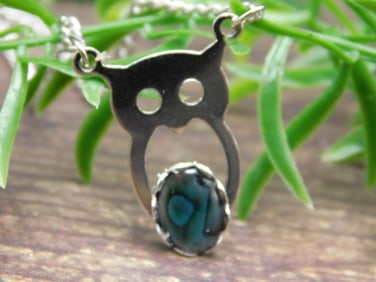 ABALONE OWL PENDANT NECKLACE ROCK STONE LAPIDARY SPECIMEN