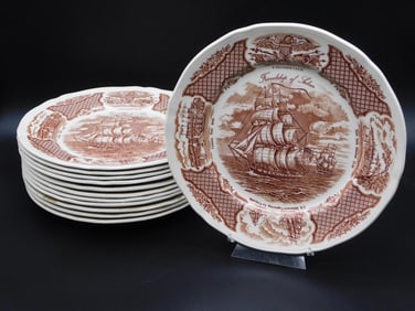 FAIR WINDS COPPER ENGRAVINGS THE FRIENDSHIP OF SALEM 11 INCH DINNER PLATES 12 PIECES VINTAGE ANTIQUE