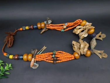 AFRICAN TRADE BEADS WITH SHELLS AND METAL ACCENTS VINTAGE ANTIQUE