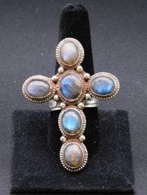 LABRADORITE CROSS ADJUSTABLE RING ROCK STONE LAPIDARY SPECIMEN