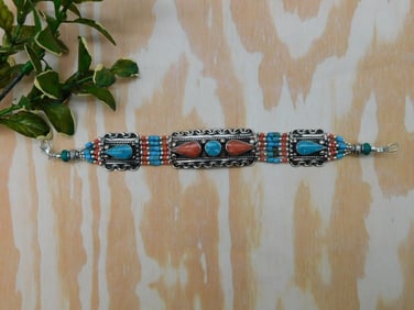 RED CORAL, TURQUOISE AND METAL BRACELET ROCK STONE LAPIDARY SPECIMEN