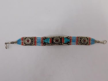 TURQUOISE AND RED CORAL BRACELET ROCK STONE LAPIDARY SPECIMEN