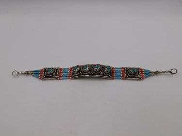 TURQUOISE AND RED CORAL BRACELET ROCK STONE LAPIDARY SPECIMEN