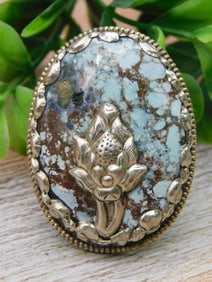 TURQUOISE AND MAGNESITE ADJUSTABLE RING ROCK STONE LAPIDARY SPECIMEN