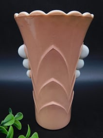 PINK AND WHITE FIRE KING SCALLOPED VASE VINTAGE ANTIQUE