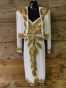 White and Gold Beaded Silk Dress with Jacket