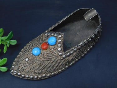 Antique Ornamental Metal Shoe with Stone Inlays