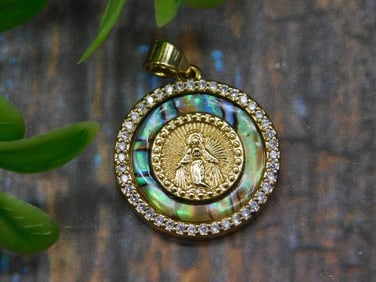 Gold-Tone Pendant with Abalone Inlay and Clear Stones