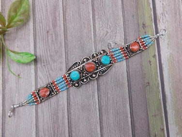 Turquoise and Coral Beaded Bracelet with Silver Accents