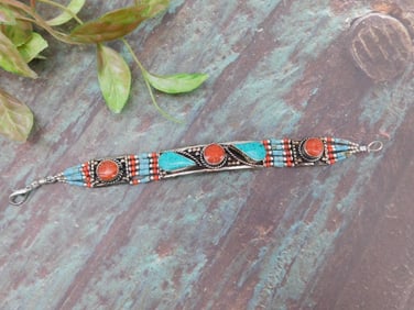 Turquoise and Coral Inlay Bracelet with Silver Accents